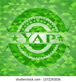 Yap realistic green emblem. Mosaic background