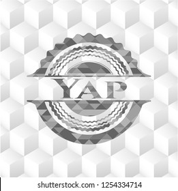 Yap retro style grey emblem with geometric cube white background