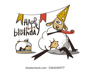 Yappy birthday postcard with tired sheep and cake. Funny animal concept