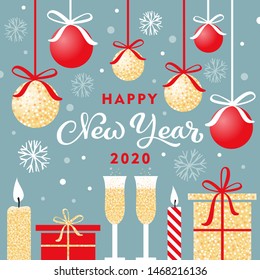 Yappy New Year 2020. Winter holiday vector illustration. Golden and red christmas balls, candles and gifts. A pair of glasses of champagne.