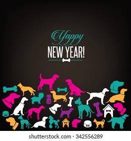 Yappy New Year dog silhouettes greeting card design. EPS 10 vector, grouped for easy editing. No open shapes or paths.