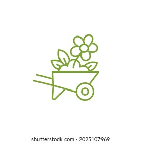 Yard cart icon. Soil and flower in the garden cart. Growing flower on wheelbarrow. Agriculture and gardener. Sowing plants. Vector contour line. Open paths. Editable stroke.