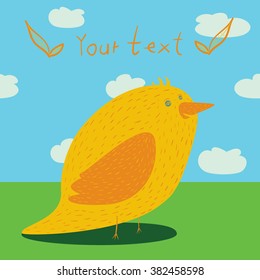 Yard with child bird, primitive, for your text .Yellow cute baby chicken, color background cloud, sky and green grass .Celebratory card. Perfect for your loved ones.funny picture with birds in vector