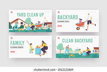 Yard Clean Up Landing Page Template Set. Family Characters Cleaning Backyard Having Fun All Together, Collecting Leaves, Raking Garbage. Weekend Yardwork Cleanup. Cartoon People Vector Illustration