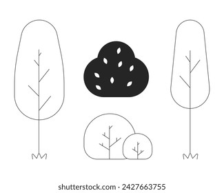 Conjunto de objetos de dibujos animados de línea 2D en blanco y negro. Árboles del parque, arbustos arbustos aislados vectorial colección de elementos de contorno. Plantas del campo. Ilustraciones de manchas planas monocromáticas del entorno