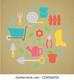 yard flat vector gardening inventory garden flowers tools design template card set