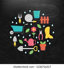 yard flat vector gardening inventory garden flowers tools design template card set