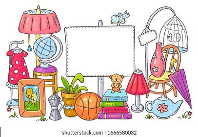 Yard or garage sale of used stuff with a blank frame, colorful illustration