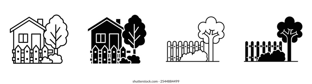 Coleção de ícones de Jarda em estilo vetorial sólido e preenchido em preto e branco.