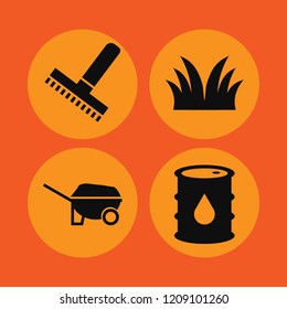 yard icon. yard vector icons set grass, oil barrel, wheelbarrow and rake