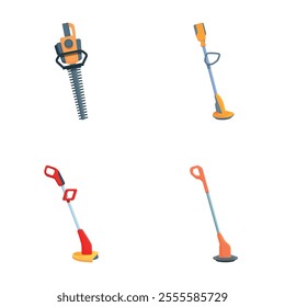 Yard lawnmower icons set cartoon vector. Electric lawn mower and grass trimmer. Gardening equipment