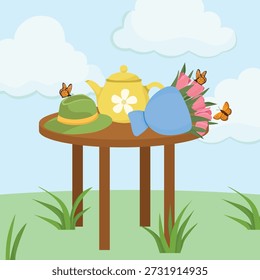 Cena de quintal ou parque com flores bonitas mesa buquê chaleira jardinando chapéu borboletas e humor de primavera Olá