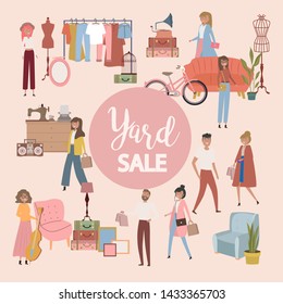 Yard sale poster with people selling and shopping at walking street, vintage furniture, clothes and accessories shop, cartoon flat design. Editable vector illustration