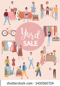 Yard sale poster with people selling and shopping at walking street, vintage furniture, clothes and accessories shop, cartoon flat design. Editable vector illustration