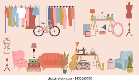 Yard sale poster with vintage furniture, clothes and accessories shop, cartoon flat design. Editable vector illustration