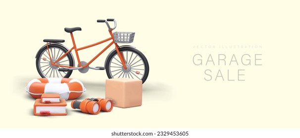 Venta de yard. Bicicleta realista con cesta, salvavidas, libros, binoculares, caja de cartón. Es hora de vender cosas extra. Plantilla con lugar para texto, dirección. Concepto de descodificación