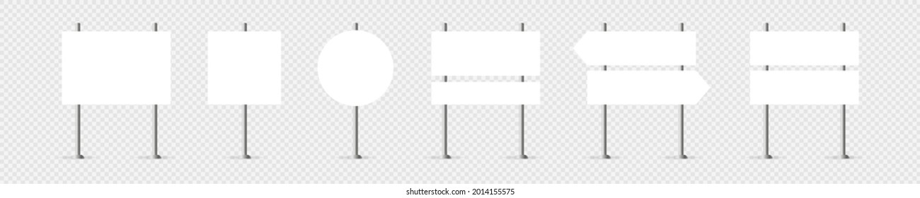 Yard Sign Mockup. Road Signs. Set Danger Blank Warning Empty Sign Board. White Realistic Advertising Banner. Mock Up Traffic Template. Blank Empty Billboard Isolated. Vector Illustration.