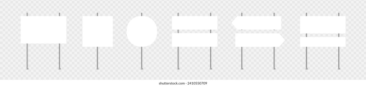 Yard sign set mockup. Road signs. Blank warning empty sign board. White realistic advertising banner. Blank empty traffic billboard. Vector illustration