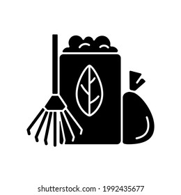 Yard Waste Collection Black Glyph Icon. Organic Waste From Residential Lawns And Gardens. Grass Clippings, Leaves, Branches. Silhouette Symbol On White Space. Vector Isolated Illustration