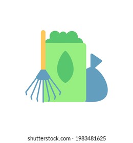 Yard Waste Collection Vector Flat Color Icon. Organic Waste From Residential Lawns And Gardens. Grass Clippings, Leaves, Branches. Cartoon Style Clip Art For Mobile App. Isolated RGB Illustration