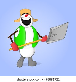 Yardman snowman laughing while holding shovel