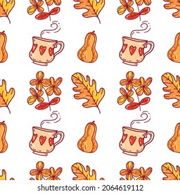 Yariy colored pattern. Autumn set of items: a mug of hot tea, a cupcake with strawberries, pumpkin, fallen dry leaves, dried flowers. Vector flat illustration on white background
