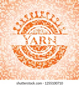 Yarn abstract emblem, orange mosaic background