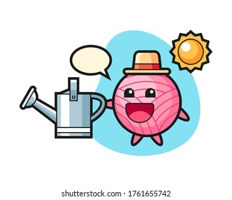 Yarn ball cartoon holding watering can