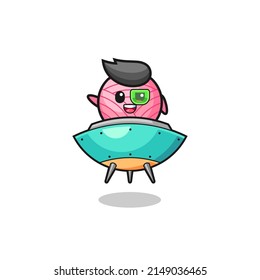 yarn ball cartoon riding a future spaceship , cute design