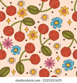 Yarn Ball Cherry and Floral Seamless Pattern