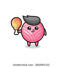 yarn ball cute mascot is eating a fried chicken , cute style design for t shirt, sticker, logo element