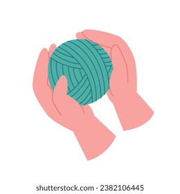 Yarn ball in human hands. Knitting hobby flat style illustration