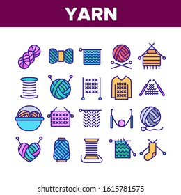 Yarn Ball For Knitting Collection Icons Set Vector Thin Line. Yarn In Bucket And Needles, Threads And Hooks, Sweater And Sock, Concept Linear Pictograms. Color Contour Illustrations