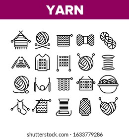 Yarn Ball For Knitting Collection Icons Set Vector Thin Line. Yarn In Bucket And Needles, Threads And Hooks, Sweater And Sock, Concept Linear Pictograms. Monochrome Contour Illustrations