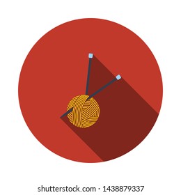 Yarn Ball With Knitting Needles Icon. Flat Circle Stencil Design With Long Shadow. Vector Illustration.