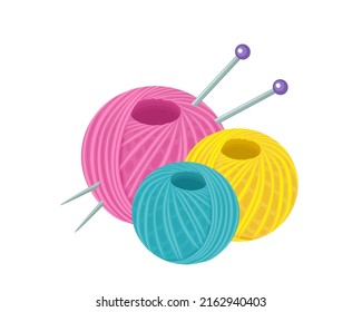 Yarn ball and knitting needles isolated on white background. Vector illustration of skein of thread. Vector cartoon flat illustration.