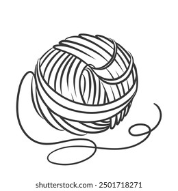 Yarn ball line icon. Hand drawn retro one round skein of woolen thread, roll with wave end of string. Knitting, crocheting mascot, outline yarn to knit warm winter knitwear icon vector illustration