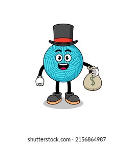 yarn ball mascot illustration rich man holding a money sack , character design