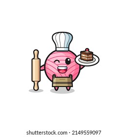 yarn ball as pastry chef mascot hold rolling pin , cute design