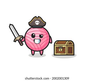 the yarn ball pirate character holding sword beside a treasure box , cute style design for t shirt, sticker, logo element