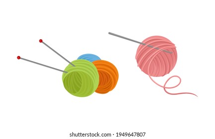 Yarn Ball or Skein of Wool with Knitting Needles Vector Set