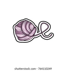 Yarn ball sticker in cartoon style. For print, logo, creative design. Vector illustration. 