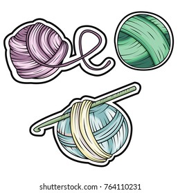 Yarn ball stickers set in cartoon style. For print, logo, creative design. Vector illustration. 