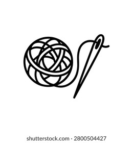 Yarn ball and threaded needle forming a clean black and white line art illustration, representing concepts of craft, tailoring, sewing, knitting, handmade items, and sartorial creativity