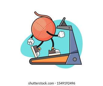 Yarn ball walking on treadmill cartoon. Mascot Character vector.