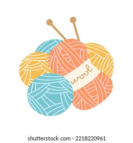 yarn balls and knitting needles isolated on white background, vector illustration of skeins of thread in cartoon simple flat style, hobby, craft, handmade concept