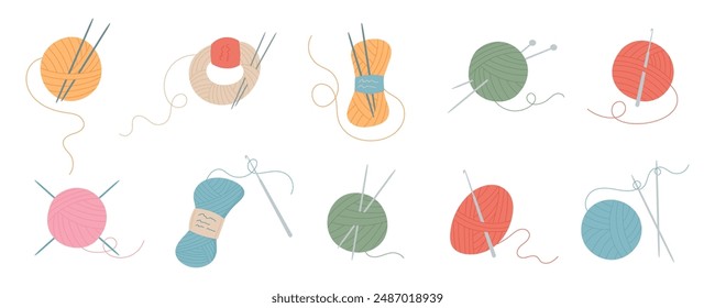 Bolas de hilo con agujas de punto y carretes de colección de hilo. Linda ilustración de suministros a medida esenciales para proyectos de bordado y costura hechos a mano. Perfecto para la fabricación y el diseño de costura
