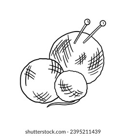 Bälle und Stricknadeln. Nadeln, Wollbälle, Garnhäute. Handgezeichnete abgerundete Dodorgrafik einzeln auf Weiß