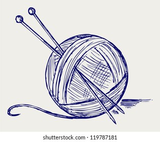 Yarn balls with needles. Doodle style