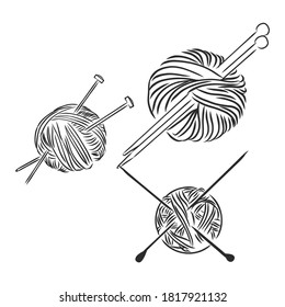 Yarn balls with needles. Doodle style . yarn and knitting needles vector sketch illustration